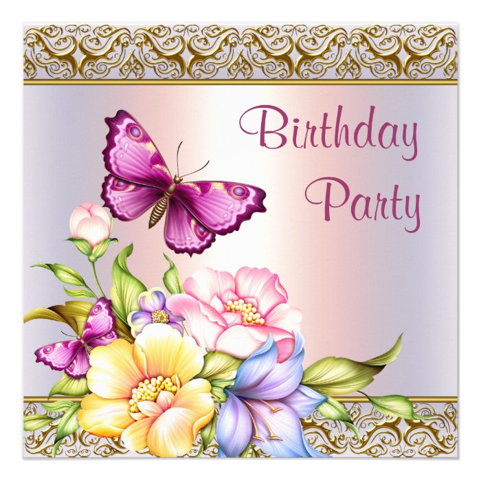 Pink Gold Flowers Butterfly Womans Birthday Party Invites