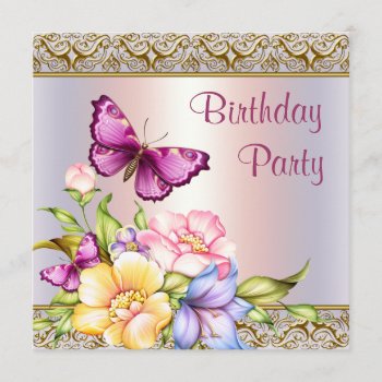 Pink Gold Flowers Butterfly Womans Birthday Party Invitation by InvitationCentral at Zazzle