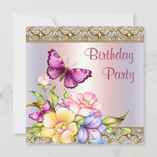 Pink Gold Flowers Butterfly Womans Birthday Party Invitation