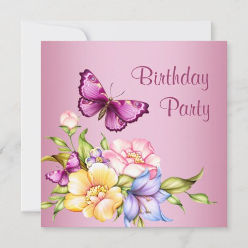 Pink Gold Flowers Butterfly Womans Birthday Party Invitation