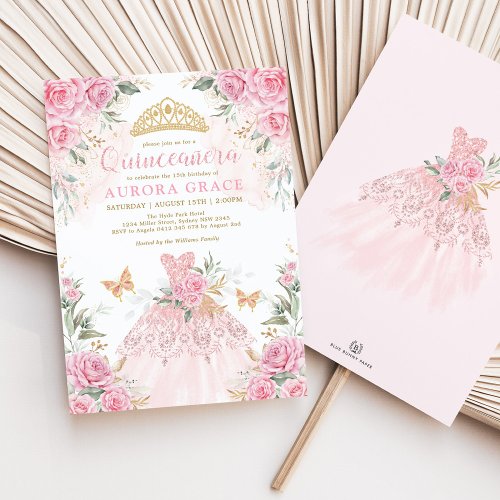 Pink Gold Flowers Crown Princess Dress Quinceaera Invitation