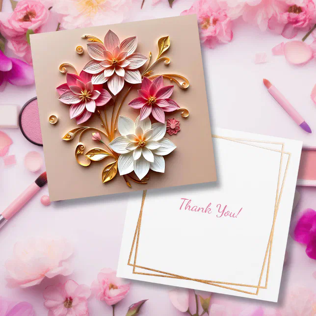 Pink & Gold Flowers Faux Paper Quilling Thank You Card | Zazzle