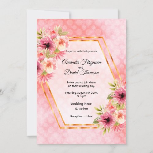 Pink gold flowers geometric wedding invitation