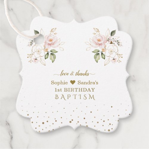 Pink Gold Flowers Girls Twins 1st Birthday Baptism Favor Tags