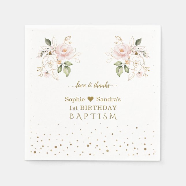 Pink Gold Flowers Girls Twins 1st Birthday Baptism Napkins (Front)