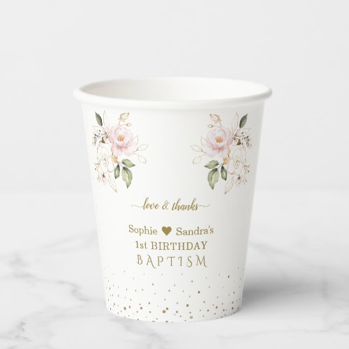 Pink Gold Flowers Girls Twins 1st Birthday Baptism Paper Cups