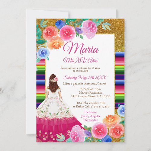 Pink Gold Flowers Mis XV Anos Birthday  Invitation