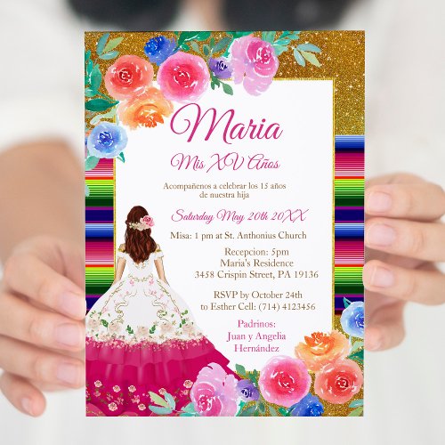 Pink Gold Flowers Mis XV Anos Birthday  Invitation