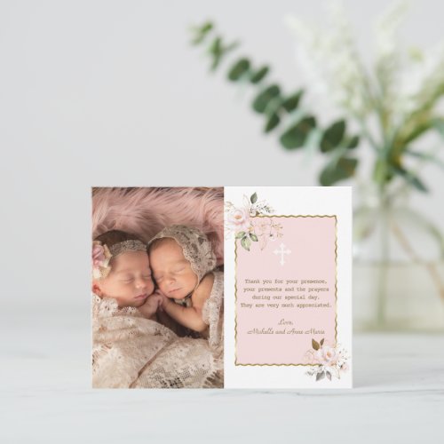 Pink Gold Flowers Photo Girls Twins Baptism  Thank You Card