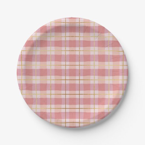 Pink  Gold Foil Buffalo Plaid Paper Plates