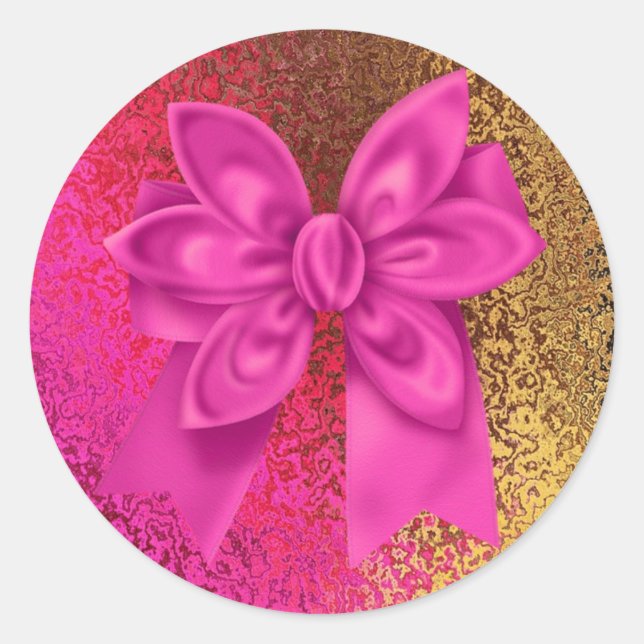 Pink & Gold Foil Look with Pink Bow Classic Round Sticker (Front)