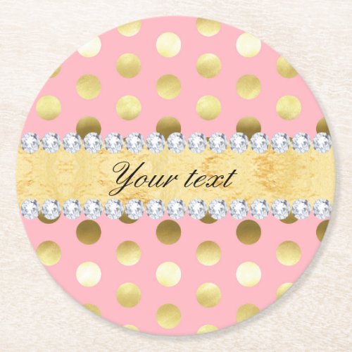 Pink Gold Foil Polka Dots Diamonds Round Paper Coaster