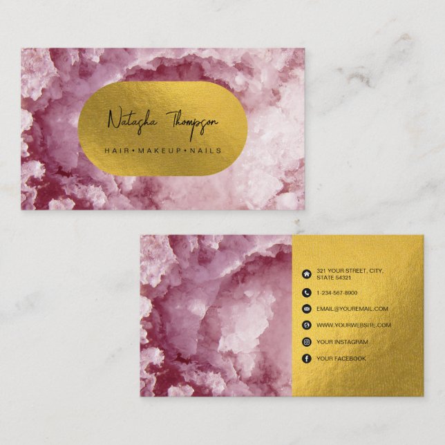 Pink Gold Foil Sea Crystals Makeup Hair Nails  Business Card (Front/Back)