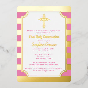 Pink, Gold Foil Stripe 1st Communion Invite, Cross Foil Invitation