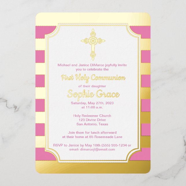 Pink, Gold Foil Stripe 1st Communion Invite, Cross Foil Invitation (Front)