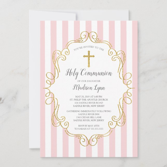 Pink & Gold Frame First Holy Communion Invitation (Front)