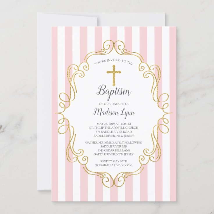 Pink & Gold Frame Girls Baptism Invitation | Zazzle