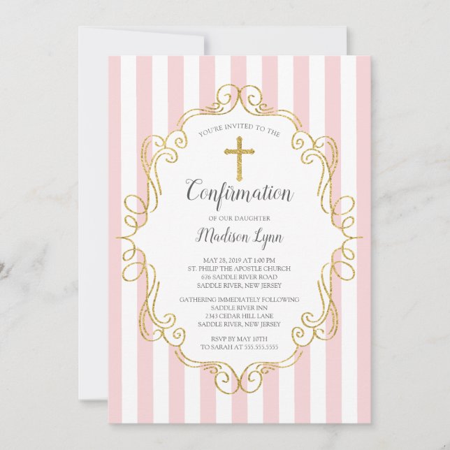 Pink & Gold Frame Girls Confirmation Invitation (Front)