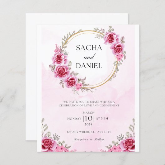 Pink Gold Free Wedding Invitation (Front/Back)