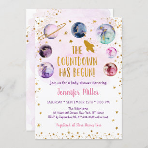 Pink Gold Galaxy Countdown Has Begun Baby Shower Invitation
