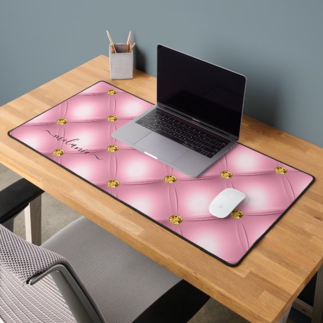 Pink Gold Gemstone Tufted Desk Mat and Custom Name (Office 2)