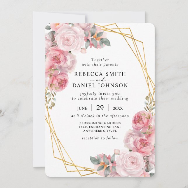 Pink & Gold Geometric Elegant Boho Floral Wedding Invitation (Front)