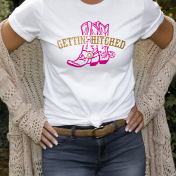 Pink Gold Gettin' Hitched Bride T-shirt by loralangdesign at Zazzle
