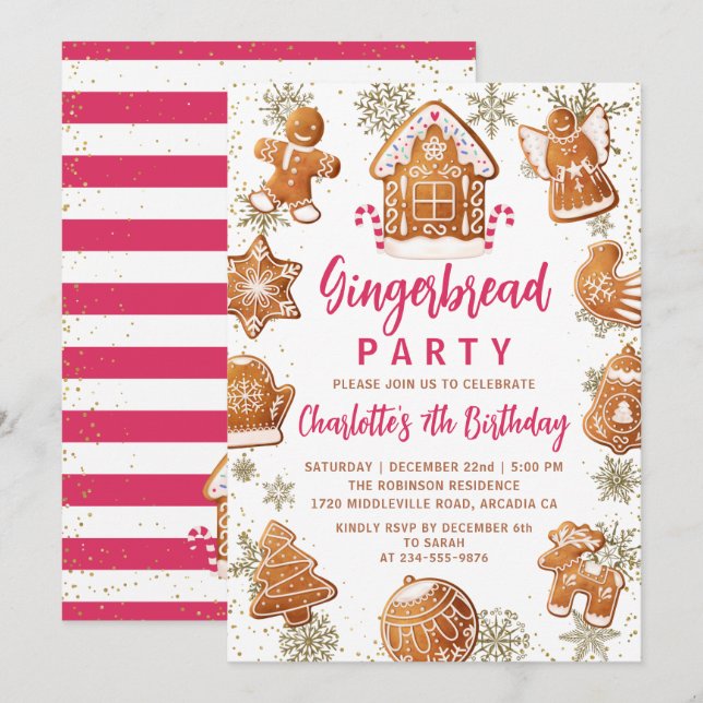 Pink Gold Gingerbread Cookie Decorating Birthday Invitation (Front/Back)
