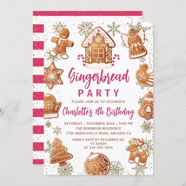 Pink Gold Gingerbread Cookie Decorating Birthday Invitation (Front/Back)