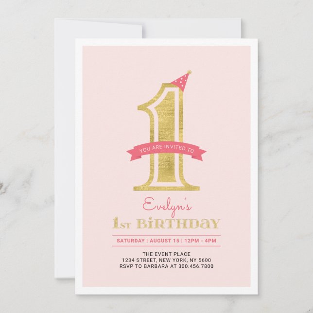 Pink & Gold |  Girl 1st Birthday Party Invitation (Front)