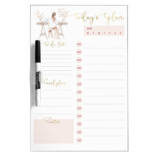 Pink Gold Girl at Desk Daily Planning To Do List  Dry Erase Board