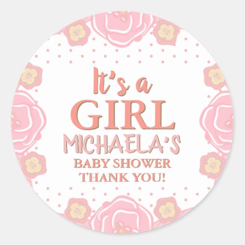 Pink Gold Girl Baby Shower Floral Cute Flowers Classic Round Sticker