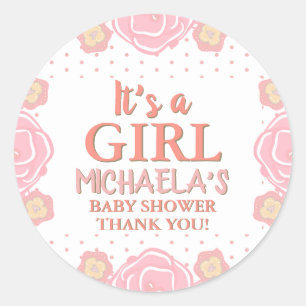 Pink Gold Girl Baby Shower Floral Cute Flowers Classic Round Sticker