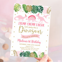 Pink & Gold Girl Dinosaur Birthday Invitation