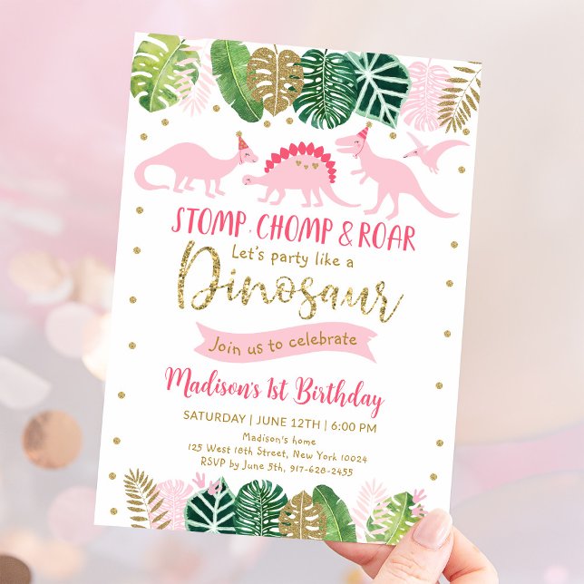 Pink & Gold Girl Dinosaur Birthday Invitation (Creator Uploaded)