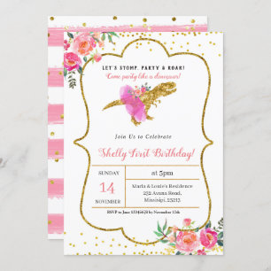 Pink Gold GIRL DINOSAUR BIRTHDAY Invitation