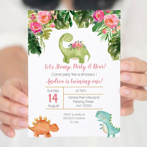 Pink  Gold Girl Dinosaur Birthday Invite