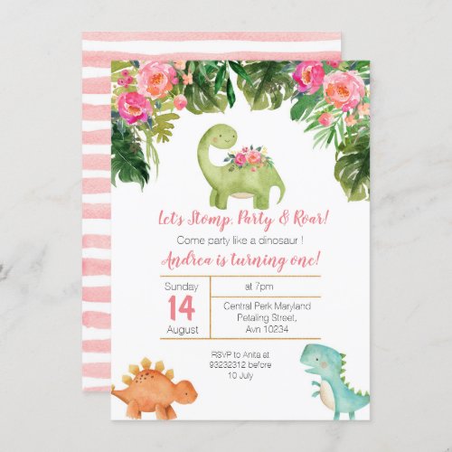 Pink  Gold Girl Dinosaur Birthday Invite