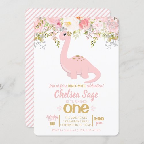 Pink  Gold Girl Dinosaur Floral Birthday Invitation