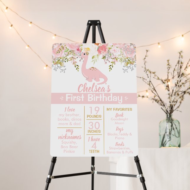 Pink Gold Girl Dinosaur Floral Milestone Birthday Foam Board (In Situ (Stand))