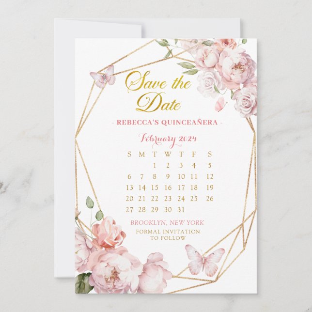 Pink Gold Girl Quinceañera Save The Date Calendar Invitation (Front)