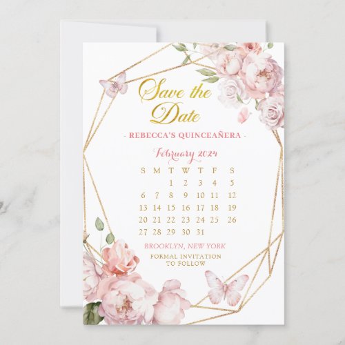 Pink Gold Girl Quinceaera Save The Date Calendar Invitation