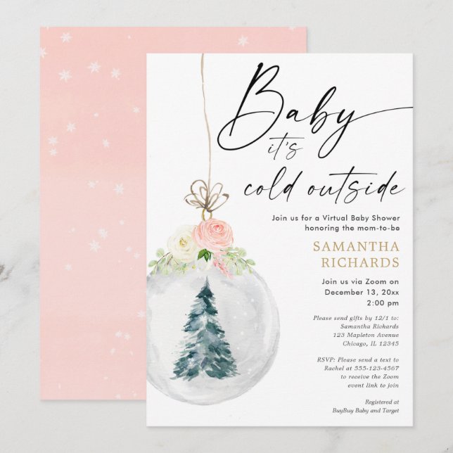 Pink gold girl Winter Virtual baby shower Invitation (Front/Back)