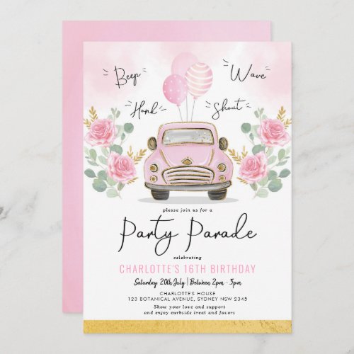 Pink Gold Girls Drive By Birthday Party Parade Invitation