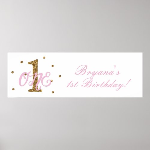 Pink  Gold Girls ONE 1st Birthday Party Banner Poster