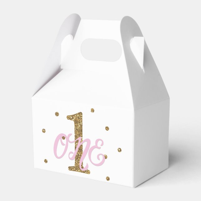 Pink & Gold Girls ONE 1st Birthday Party Favor Boxes (Front Side)