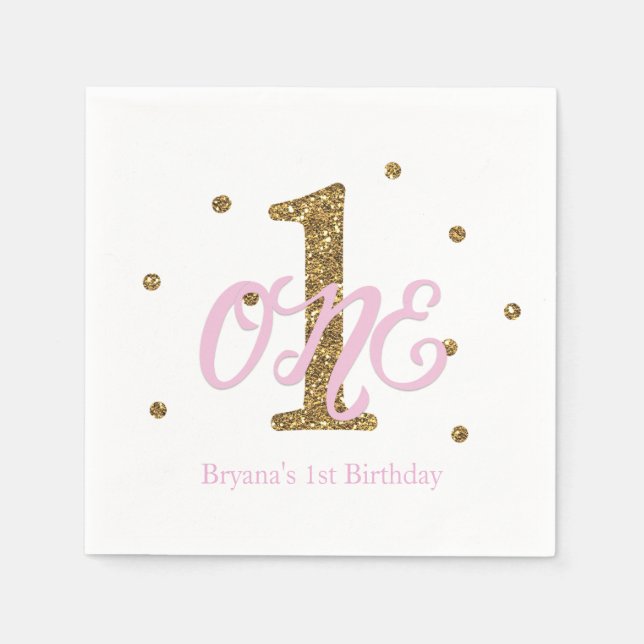 Pink & Gold Girls ONE 1st Birthday Party Paper Napkins (Front)