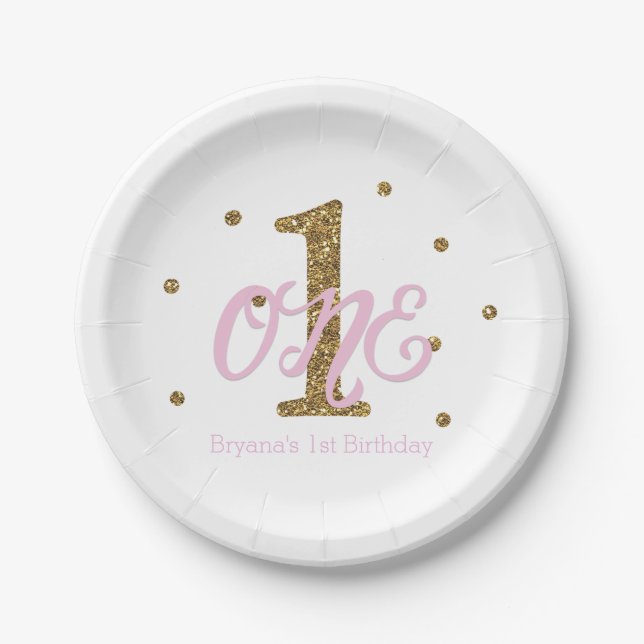 Pink & Gold Girls ONE 1st Birthday Party Paper Plates (Front)