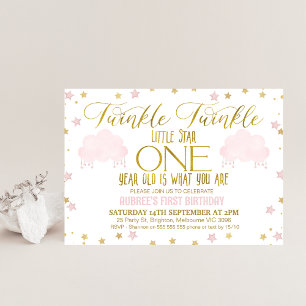 Pink Gold Girl's Twinkle Little Star 1s Birthday Invitation