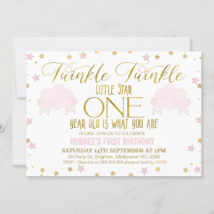 Pink Gold Girl's Twinkle Little Star 1s Birthday Invitation